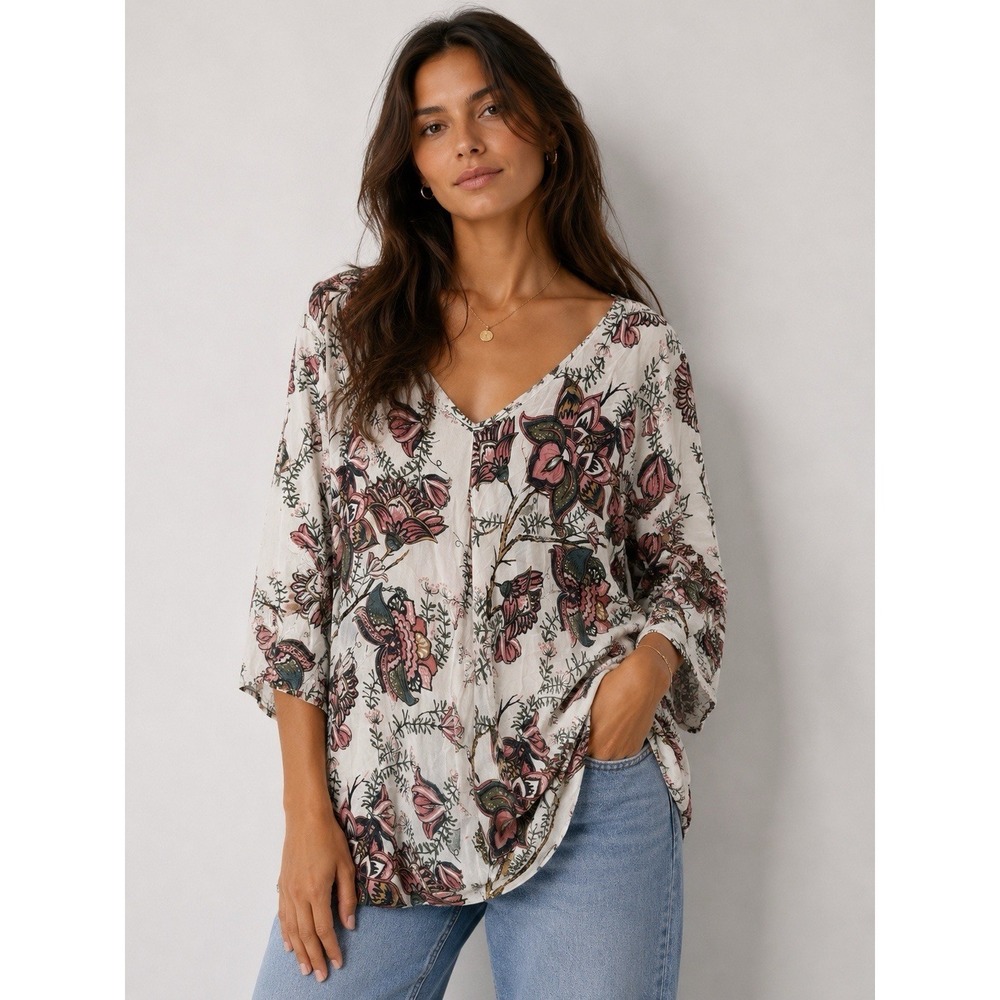 MASAI  Floral Tunic Blouse Large Boho V-neck 3/4 Sleeve Viscose Top -3054
